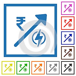 Rising electricity energy Indian Rupee prices flat framed icons