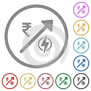 Rising electricity energy Indian Rupee prices flat icons with outlines