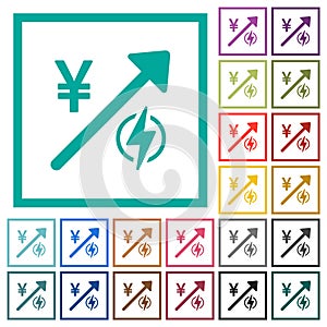 Rising electricity energy japanese Yen prices flat color icons with quadrant frames