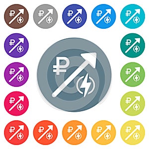 Rising electricity energy russian Ruble prices flat white icons on round color backgrounds