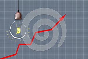 Rising electricity prices. A light bulb and a graph with an up arrow on a gray background. Copy space. World crisis. Business