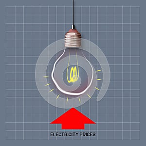 Rising electricity prices. A light bulb and a graph with an up arrow on a gray background. Copy space. World crisis. Business