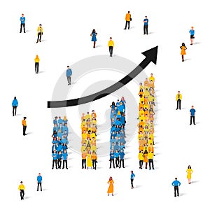 A rising and falling chart of people in colored clothes. Business data design elements for web, report, presentation, financial