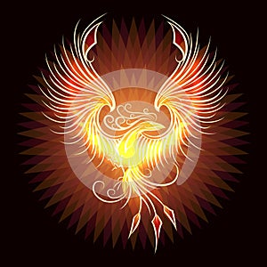 Rising Fire Burning Phoenix Bird on Black Background