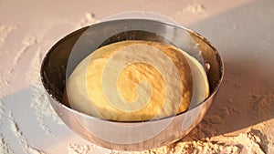 Rising fresh yeast dough in metal bowl. Timelapse