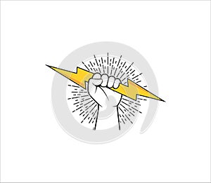 rising hand fist holding flash thunder the symbol of power determination and strong freedom vector logo design