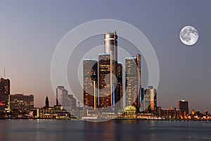 Rising moon over Detroit, Michigan