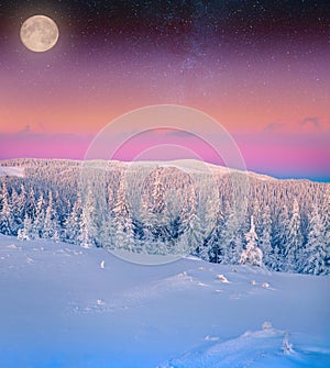 Rising moon over the frosty winter mountains.