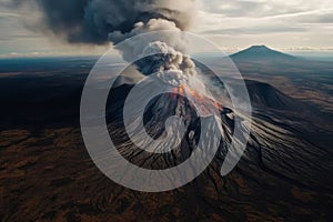 Rising pillar of smoke from the chimney of erupting volcano. Generative AI