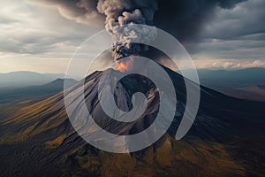 Rising pillar of smoke from the chimney of erupting volcano. Generative AI