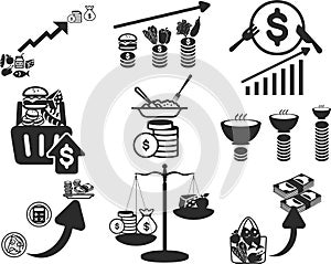 Rising price for food icon, High price, Food price hike black vector icon set.