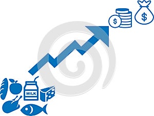 Rising price for food icon, High price, Food price hike blue vector icon.