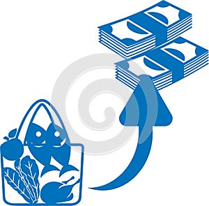 Rising price for food icon, High price, Food price hike blue vector icon.