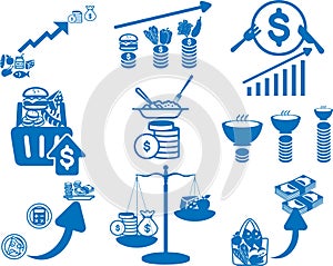 Rising price for food icon, High price, Food price hike blue vector icon set.