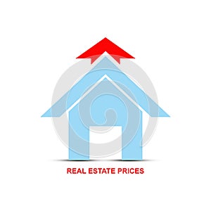 Rising property prices. Icon of house, and arrow up, isolated on a white background. Copy space. World crisis. Business