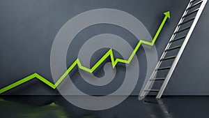 Rising sales arrow leading to the ladder. Business and marketing concept. 3D illustration