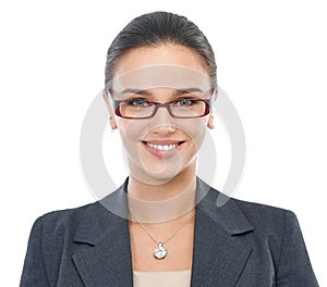 Rising star in the office. Studio portrait of a confident young female office worker isolated on white.