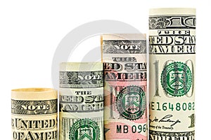 Rising steps made of rolls of four most valued american dollar