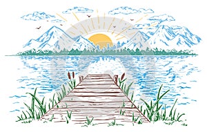 Rising sun on the lake landscape illustration