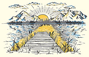 Rising sun on the lake landscape illustration