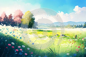 The rising sun over a picturesque meadow. Watercolor morning in nature.