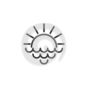 Rising sun with rays and sea waves outline icon