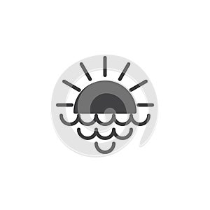 Rising sun with rays and sea waves vector icon