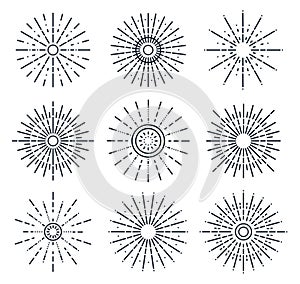 Rising sun sunburst light elements. Sunrise abstract hand drawn frames, doodle sunlight flat vector symbols illustration set on