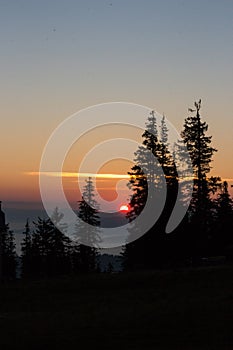 Rising sun with trees silhouettes on clear morning sky background. Mountains in fog at dawn with copy space.