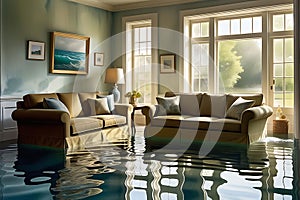Rising Tides: Water Inundating a Living Room - Reflecting the Chaos Above, Furniture Afloat Amidst the Swirling Currents