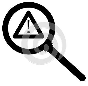 Risk analysis icon. Exclamation magnifier sign. Crisis warning symbol. Attention business concept. flat style