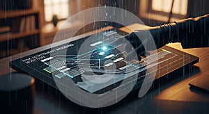 Risk assessment modeling on futuristic interface, gloved hand interacting with data