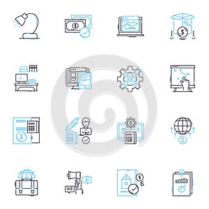 Risk banking linear icons set. Credit, Debt, Default, Liquidity, Volatility, Exposure, Collateral line vector and