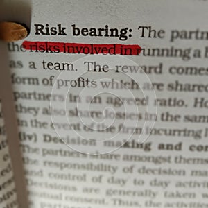 risk bearing business related terminology displayed on underlined text form on book article