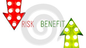 Risk benefit red and green left right up down vintage retro arrows illuminated light bulbs. Concept advantages disadvantages