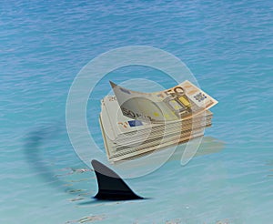 Risk  danger in summer holidays by the sea, shark fin and a woman lying on the sea - 3d rendering