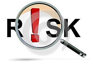 Risk exclaimation mark zoom analyze magnify - 3d rendering