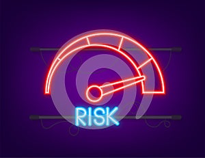 Risk icon on speedometer. Neon icon. High risk meter. Vector illustration