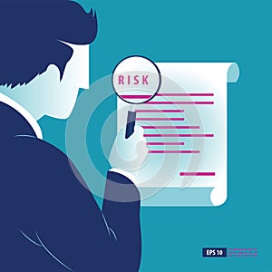 Risk Illustration. Businessman analyze risk document using magnify. Business background vector