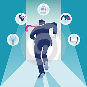 Risk Illustration. Businessman running with risk assessment icon. Business background vector