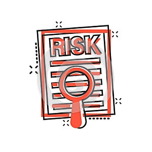 Risk level icon in comic style. Result cartoon vector illustration on white isolated background. Assessment splash effect business