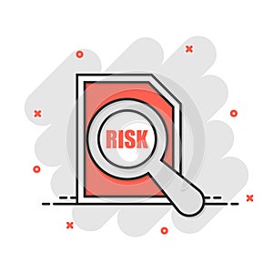 Risk level icon in comic style. Result cartoon vector illustration on white isolated background. Assessment splash effect business