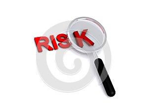 Risk with magnifying glass on white