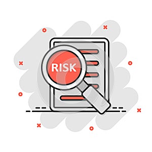 Risk management icon in comic style. Document cartoon vector illustration on white isolated background. Assessment data splash