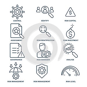 Risk management  icon, line, outline vector sign, linear style pictogram isolated on white. Symbol, logo illustration