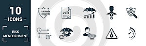 Risk Management icon set. Include creative elements risk management, risk capital, risk plan, project manager, project timeline