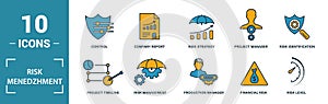Risk Management icon set. Include creative elements risk management, risk capital, risk plan, project manager, project timeline