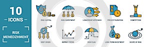 Risk Management icon set. Include creative elements risk management, risk capital, risk plan, project manager, project timeline