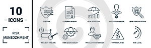 Risk Management icon set. Include creative elements risk management, risk capital, risk plan, project manager, project timeline