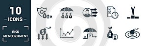 Risk Management icon set. Include creative elements risk management, risk capital, risk plan, project manager, project timeline